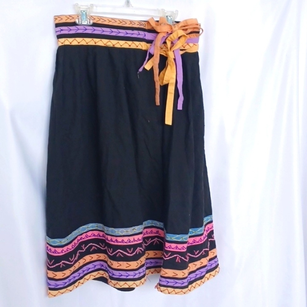 Pier Connection 70s 100% cotton vtg Ribbon Wrap Skirt, Sz S, 28" Waist, 27" Long